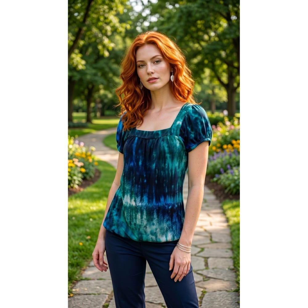 Y2K Dress Barn Babydoll Style Square Neck Green/Blue Watercolor Top M